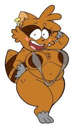 2025 anthro areola barefoot big_breasts black_eyes blush breasts brown_areola brown_body brown_fur brown_nipples clothed clothing digital_media_(artwork) doki_(mammal_squad!) ear_piercing eyelashes fangs feet female fur genitals hand_on_head hand_on_hip ineffective_clothing lingerie looking_at_viewer mammal mammal_squad! navel nipples open_mouth piercing problem_artist procyonid raccoon simple_background slightly_chubby smile solo standing tail teeth thick_thighs translucent translucent_clothing underwear underwear_only vulva white_background wide_hips