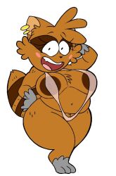 2025 anthro areola barefoot big_breasts black_eyes blush breasts brown_areola brown_body brown_fur brown_nipples clothed clothing digital_media_(artwork) doki_(mammal_squad!) ear_piercing eyelashes fangs feet female fur genitals hand_on_head hand_on_hip ineffective_clothing lingerie looking_at_viewer mammal mammal_squad! navel nipples open_mouth piercing problem_artist procyonid raccoon simple_background slightly_chubby smile solo standing tail teeth thick_thighs translucent translucent_clothing underwear underwear_only vulva white_background wide_hips