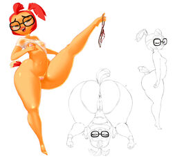 anthro anus ass avian beak big_ass big_butt bird blush breasts brown_eyes chicken closed_eyes clothing danger_mouse_(series) eyewear feathers female glasses huge_ass huge_butt ipan nipples nude panties panties_around_one_leg presenting presenting_hindquarters professor_squawkencluck pussy red_feathers shirt smile solo thick_thighs underwear wide_hips