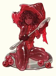 cranberry cranberry_sauce long_hair original_character oxcoxa red_body slime slime_girl slime_hair solo spoon thanksgiving
