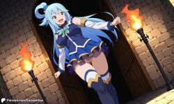 1girls ai_generated aqua_(konosuba) bottomless breasts casual_exposure covered_nipples dungeon encoder female kono_subarashii_sekai_ni_shukufuku_wo! no_panties pussy smile smiling torch uncensored vagina walking