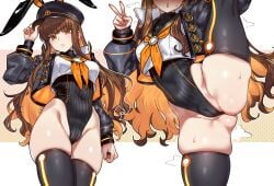 absurdres adapted_costume animal_ears black_hat black_jacket black_thighhighs blush breasts brown_eyes brown_hair cameltoe covered_navel ebora fake_animal_ears fate/grand_order fate_(series) female hat highres jacket kishinami_hakuno_(female) kishinami_hakuno_(female)_(mooncancer) leotard long_hair looking_at_viewer rabbit_ears sidelocks solo split standing standing_on_one_leg standing_split thighhighs v