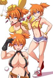 1girls ahe_gao anime_style belt big_breasts blush breast_expansion breasts corruption crop_top female footwear glowing_eyes handwear headphones human hypno hypnosis impossible_clothes kasumi_(pokemon) konno_tohiro looking_at_viewer mind_control misty_(pokemon) nintendo pokemon pokemon_(species) pokephilia short_shorts shorts simple_background skimpy suspenders sweat tomboy