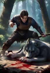 absurdres ai_generated animal attack blood death fog highres leather non-web_source not_porn wolf