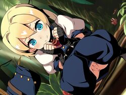 anus aqua_eyes black_gloves blonde_hair blush boots clothing dutch_angle etrian_odyssey female fingerless_gloves forest frederica_irving gloves hou_(hachiyou) long_hair pants pants_down pussy sekaiju_no_meikyuu shin_sekaiju_no_meikyuu shirt skirt skirt_removed smile solo squatting tied_hair twintails uncensored