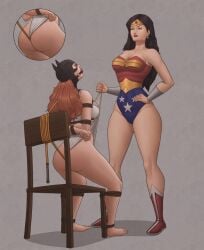 ass ball_gag barbara_gordon barefoot batgirl batgirl_(barbara_gordon) bondage clothed_female_nude_female crotch_rope dc_comics femdom femsub frontal_wedgie heroine interrogation jump_rope lasso_of_truth leotard matching_underwear mumuffet panty_pull pussy_rope restrained restrained_arms restrained_legs restraints rope rope_bondage sitting sitting_on_chair superheroine tied_to_chair wedgie wedgie_fetish wedgied_female white_bra white_panties wonder_woman