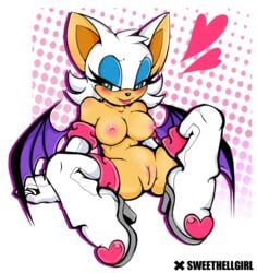 anthro bat big_breasts blush breasts female half-closed_eyes mammal nipples nude pussy rouge_the_bat smile solo sonic_(series) sweethellgirl uncensored video_games wings