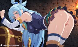 1girls ai_generated aqua_(konosuba) bare_ass bottomless breasts casual_exposure covered_nipples dungeon encoder female hanging_breasts kono_subarashii_sekai_ni_shukufuku_wo! leaning_forward pussy smile smiling standing torch treasure treasure_chest uncensored vagina