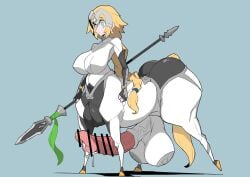 1futa big_ass big_balls big_breasts big_penis blonde_hair blue_eyes bodysuit braid braided_hair braided_ponytail breasts censored centaur clothed clothing dripping dripping_cum fate/grand_order fate_(series) flared_penis futa_only futanari hair_braid hair_ornament horse_penis horsecock huge_balls huge_cock hyper hyper_balls hyper_penis jeanne_d'arc_(fate) large_ass large_balls large_breasts large_penis large_testicles light-skinned_futa nikujuu_uc outfit_swap penis simple_background solo spear weapon