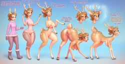 2024 absurd_res antlers ass bendzz big_breasts boots bottomwear breast_expansion breasts brown_body brown_fur brown_hair busty_feral christmas clothing deer dialogue digital_media_(artwork) english_text expansion female feral footwear fur genitals gloves growth hair handwear hi_res holidays hooves horn human human_to_feral human_to_inanimate looking_back mammal navel new_world_deer nipples nude open_mouth pants permanent_smile ponytail red_nose reindeer sequence shocked shoes simple_background smile solo species_transformation standing surprised tail tail_growth text transformation vulva