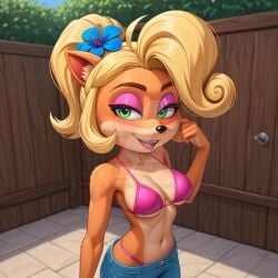 2025 ai_generated anthrogirlsai bandicoot_girl belly bikini_under_shorts black_dot_eyes blonde_ponytail blue_flower brown_eyebrows coco_bandicoot crash_(series) deviantart female_only flower_in_hair green_eyes_female hand_on_head looking_at_viewer naughty_dog open_mouth_smile panties_visible_through_clothes pink_bikini pink_eyeshadow pink_lips pool_background short_jeans sister smile_at_viewer smiling_at_viewer tummy universal_studios