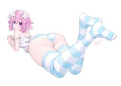 1girls artist_signature ass ass_focus ass_up binato_lulu bottom_heavy feet feet_up flat_chest hair_ornament huge_ass light-skinned_female looking_at_viewer medium_hair neptune_(neptunia) neptunia_(series) on_stomach panties pink_hair purple_eyes simple_background striped_panties striped_thighhighs thick_thighs thighhighs thighs white_background white_shirt