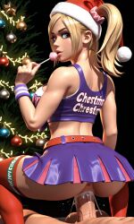 1boy1girl 3d ai ai_art ai_generated anon asshole blonde_hair blue_eyes cheerleader cheerleader_outfit cheerleader_uniform christmas christmas_hat christmas_headwear christmas_tree cowgirl_position cum cum_in_pussy female female_focus holidays juliet_starling lollipop lollipop_chainsaw looking_back male merry_christmas pink_lollipop purple_skirt quinzo11 red_thigh_highs red_thighhighs reverse_cowgirl_position santa_hat self_upload sex skirt thigh_highs thighhighs twintails veiny_penis