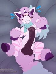 animal_genitalia animal_penis balls bed big_penis blush bodily_fluids clothing cum digital_media_(artwork) embarrassed embarrassed_male equid equine equine_genitalia equine_penis erection eyewear feral flared_penis fluffy fluffy_tail fur furniture galarian_form galarian_ponyta generation_8_pokemon genital_fluids genitals glasses hair hi_res horn huge_cock leaking leaking_cum leaking_penis leaking_precum lying male male_feral mammal mythological_creature mythological_equine mythology nintendo on_bed penis pokemon pokemon_(species) precum regional_form_(pokemon) scarf simple_background solo surprised surprised_eyes surprised_face surprised_look tail unicorn vogold white_body white_fur