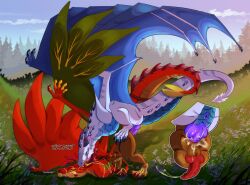 anal anal_sex animal_genitalia anus balls bite blue_body blue_sky bodily_fluids claws cloud cum cum_in_ass cum_inside cum_while_penetrated day detailed_background dialogue dragon duo english_text erection european_mythology feral feral_on_feral feral_penetrated feral_penetrating feral_penetrating_feral from_behind_position genital_fluids genital_slit genitals grass hi_res horn male male/male male_feral male_penetrated male_penetrating male_penetrating_male mythological_creature mythological_scalie mythology neck_bite non-mammal_balls outside outside_sex owishka penetration penile penile_penetration penis penis_in_ass plant purple_anus purple_penis red_body red_penis saliva scalie sex sky tail talking_feral text tree western_dragon white_body wings wyvern