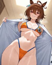 1girls agnes_tachyon_(umamusume) ai_assisted ai_generated bikini bikini_bottom bikini_top brown_hair coat cosplay dragon_ball ear female flashing horse_ears horse_girl orange_bikini red_eyes removing_clothing solo solo_female solo_focus son_goku sweat sweaty sweaty_body umamusume white_clothing white_coat