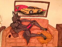 animal_genitalia anthro black_fur bossman1969 canine car erection fur looking_at_viewer lying male mammal on_back peeing penis red_penis simple_background sitting sofa traditional_media_(artwork) urine vehicle wetting