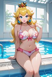 2025 ai_generated animewomen42 belly black_dot_eyes blonde-haired_female blonde_female blue_earrings blue_eyes_female brown_eyebrows deviantart female_only flower_bikini golden_crown mario_(series) nintendo pink_lips pool_background princess_peach sitting_on_lap super_mario_bros. tummy