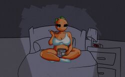 1girls bed bedroom belly black_eyes bottomless bottomless_female breasts chetoh cleavage clock crying crying_with_eyes_open drawer eating eating_ice_cream female female_focus female_only frown frowning frowning_female holding holding_object holding_spoon lamp leaf leaf_hair mandy_(chetoh) oc on_bed original original_character sitting sitting_on_bed socks spoon text watching_movie watching_tv white_text white_topwear