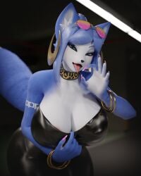 1girls animal_ears anthro areola areola_slip blue_body blue_eyes blue_fur bra_pull bracelet choker earrings fellatio_gesture female female_only fox fox_ears fox_girl furry glasses krystal krystal_(dogzeela) krystal_(star_fox) large_breasts seductive shirt_pull star_fox tail tongue tongue_out white_fur
