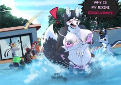 abs absurd_res accipitriform alyx_(generic_fur) anthro artfox26 astrogalaxprotofox avian beak belly bikini bikini_bottom bikini_top bird black_body black_feathers black_sclera blonde_hair blue_body blue_eyes blue_fur blush blush_lines border_collie breasts brown_body brown_fur building bulge canid canine canis cheek_tuft clothing cloud collie corina_(generic_fur) countershade_face countershade_legs countershade_torso countershading dissolving_clothing domestic_dog dripping dripping_wet embarrassed facial_tuft feathers female fingers fluffy fluffy_tail flustered fox fur generic_fur genitals green_body green_eyes green_feathers grey_body grey_feathers grey_fur group hair herding_dog hi_res holding_breast hooved_fingers hooves horn humiliation inner_ear_fluff lagomorph laugh laughing_at laughing_at_another long_ears long_hair long_tail machine male mammal muscular muscular_arms muscular_female nails neck_tuft nipple_outline nipples orange_body orange_eyes orange_feathers orange_fur outside panicking pastoral_dog pink_eyes plant pool poolside protogen public public_exposure public_humiliation public_nudity red_body red_fur red_hair ruby_(generic_fur) running schadenfreude secretary_bird ser_(generic_fur) sheepdog short_hair short_tail sky slightly_chubby smug smug_expression smug_face smug_grin speech_bubble speedo splash splashing_water sport standing swimming_trunks swimwear tail tan_body tan_fur teeth text tree tuft two-piece_swimsuit volleyball vulva wardrobe_malfunction water wet wet_body wet_clothing wet_feathers wet_fur white_body white_feathers white_fur worried_look xandra_(generic_fur) yelling