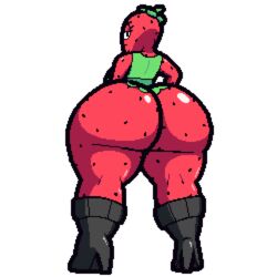 annoyed anthro ass boots clothed clothing drupe female female_only food fruit huge_ass humanoid looking_back nsfwoaf ok_k.o.!_let's_be_heroes pixel_art strawberry thick_thighs