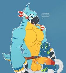 2017 abs animal_humanoid anthro avian avian_humanoid balls beak belt biceps big_muscles bird blue_background breath_of_the_wild clothing dax daxzor dialogue dragon duo elbow_gloves english_text feathers gay gloves hi_res humanoid humanoid_penis kass_(zelda) larger_male legwear male male_only markings muscular nintendo pecs penis rito simple_background size_difference smaller_male striped_penis text the_legend_of_zelda thigh_highs uncut vein video_games yaoi yellow_eyes