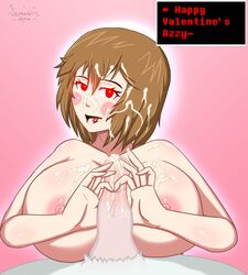 1boy 1girls anthro asriel_dreemurr breasts brown_hair chara cum dialogue fae-sama female female_human furry heart_sign human looking_at_viewer male male_anthro nipples paizuri red_eyes straight undertale