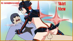 big_breasts black_hair blue_eyes bottomless color female gloves human kill_la_kill latenightsexycomics male matoi_ryuuko on_back partially_clothed sex short_hair stockings straight thighhighs uncensored vaginal_penetration