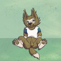 anthro balls blue_eyes bottomless canine clothed clothing furry male_only mammal mascot penis simple_background solo spread_legs spreading wolf zabivaka