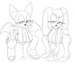 anthro bat big_breasts blush breast_milking breasts clothing crouching duo eyelashes female footwear half-closed_eyes heart high_heels lactation lagomorph mammal milk monochrome nipples rabbit ravnic rouge_the_bat saliva shoes sketch sonic_(series) sweat tongue tongue_out vanilla_the_rabbit