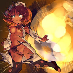 blue_eyes breasts broken_glasses brown_hair character_request copyright_request explosion female female glasses glasses_removed hat pussy solo tears tenteco_(covamin) thighhighs torn_clothes