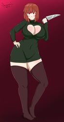 blush boob_window breasts chara cherk cleavage cleavage_cutout dress fae-sama knife looking_at_viewer red_eyes red_hair smile stockings sweater sweater_dress thigh_highs undertale voluptuous weapon