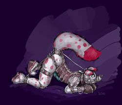 2015 anthro black_nose blue_penis bondage bound canine english_text erection fur male male_only malesub mammal meiabeau multicolored_fur muzzle_(object) muzzled penis petplay puppyplay purple_background red_fur roleplay rubber simple_background solo spots spotted_fur tail_bondage tail_cuff text turbinedivinity two_tone_fur white_fur