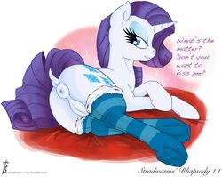 anus ass blue_eyes clothing cutie_mark dialogue edit equine eyeshadow female feral friendship_is_magic hair horn legwear long_hair looking_at_viewer makeup mammal my_little_pony purple_hair pussy rarity_(mlp) solo stradivarius striped striped_legwear stripes text unicorn