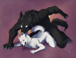 all_fours anthro bite black_fur blue_eyes breasts canine domination fangs female fur glowing glowing_eyes kneeling male mammal penetration rough_sex sex size_difference spartadog straight were werewolf white_fur wolf