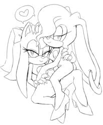 anthro ass breasts claws clothing duo eyelashes female footwear half-closed_eyes hannah_the_hedgehog heart high_heels holly_the_bunny long_ears misswerehog monochrome multiple_girls naked_footwear naked_heels nipples nude ribbons sega shoes simple_background sketch small_breasts sonic_(series) sonic_team sonic_the_hedgehog white_background yuri