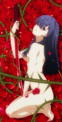 arched_back arm_between_legs ayase_ayatsuji blush dark_hair eyebrows_visible_through_hair flower_censor hair_censor hair_covering_breasts hair_covering_one_eye japanese_sword kneeling light-skinned_female long_hair looking_at_viewer naked nude nude_female petals purple_eyes purple_hair rakudai_kishi_no_cavalry rose_background screenshot seductive_pose sideboob slender_body sword thorns thorny_vines weapon