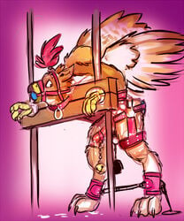 anthro avian ball_gag ball_weight balls beak bell bondage bound cock_and_ball_torture collar erection feathered_wings feathers gag gagged gradient_background gryphon harness harness_ball_gag harness_gag male malesub muzzle_(object) muzzled penis redtail simple_background solo stocks talons turbinedivinity weights_(bdsm) wings