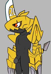 2017 armor balls black_body bottomless claws clothed clothing cuuraotter digimon flaccid flat_colors helmet horn humanoid_penis male nude number_20 orange_eyes penis simple_background sketch solo standing topless uncut weapon zubamon