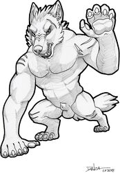 2018 animal_genitalia anthro balls canine conditional_dnp danza male male_only mammal rakan_(werewolf) scar sheath traditional_media_(artwork) were werewolf wolf