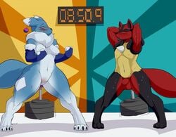 2017 alternate_color anal anal_sex animal_genitalia anthro armpits balls bandai_namco black_fur blue_fur blush breasts bridal_gauntlets buttplug canine claws closed_eyes clothing competition crossover digimon digimon_(species) duo english_text exercise fan_character female fox fur haley_(nightfaux) lucario male mammal mostly_nude navel nightfaux nintendo nipples nude penetration pokemon pokemon_(species) pom_antenna pussy pussy_blush raised_arm red_fur renamon sex_toy sheath signature spikes spread_legs spreading sweat text timer toe_claws video_games weightlifting white_fur wide_hips workout yellow_fur