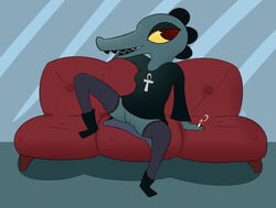 2017 anthro bea_(nitw) cigarette clothed clothing crocodile crocodilian female josephtl looking_at_viewer night_in_the_woods pussy reptile scalie smile solo