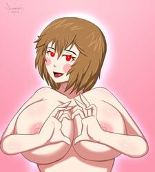 breasts brown_hair chara fae-sama heart_sign looking_at_viewer nipple red_eyes undertale