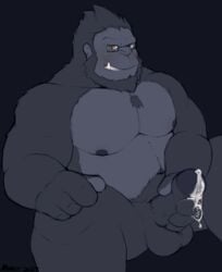 2017 anthro ape balls biceps blush boner cum erection eyewear glasses gorilla humanoid_penis looking_at_viewer mabit male male_only mammal muscles nude overwatch pecs penis primate simple_background smile solo spread_legs uncut winston_(overwatch)