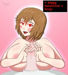 1boy 1girls anthro asriel_dreemurr breasts brown_hair chara dialogue fae-sama female female_human furry heart_sign human looking_at_viewer male male_anthro nipple paizuri red_eyes straight undertale