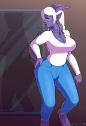 bulge draenei eredar female green_eyes jeans jen man'ari scar white_hair world_of_warcraft