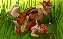 ! 2boys age_difference ambiguous_gender arcanine ass black_fur blush brown_hair canine closed_eyes clothed crossdressing doggy_style eddiew femboy from_behind gay ginger girly gloves grass hat heart interspecies male male_pokemon/male_human mammal musical_note nintendo nude orange_fur orange_hair original_character outdoors poke_ball pokemon pokemon_(species) pokephilia sex shirt short_hair size_difference skirt tail text trap video_games yaoi zoophilia