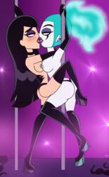 ass big_ass big_breasts black_hair blue_hair breasts danny_phantom ember_mclain green_eyes kissing nipples purfectprincessgirl purple_eyes saliva sam_manson stripper stripper_pole tongue topless yuri