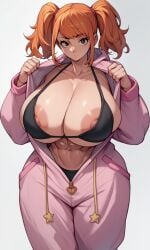 1girls ai_generated areolae_slip bikini black_bikini colossal_breasts cosplay crossover crossover_cosplay huge_breasts juri_han_(cosplay) kosine1777 kosineverse massive_breasts meggy_(kosine1777) muscular_female nipple_slip open_clothes open_onesie orange_eyes orange_hair original original_character pink_onesie street_fighter street_fighter_6 toned_female twintails